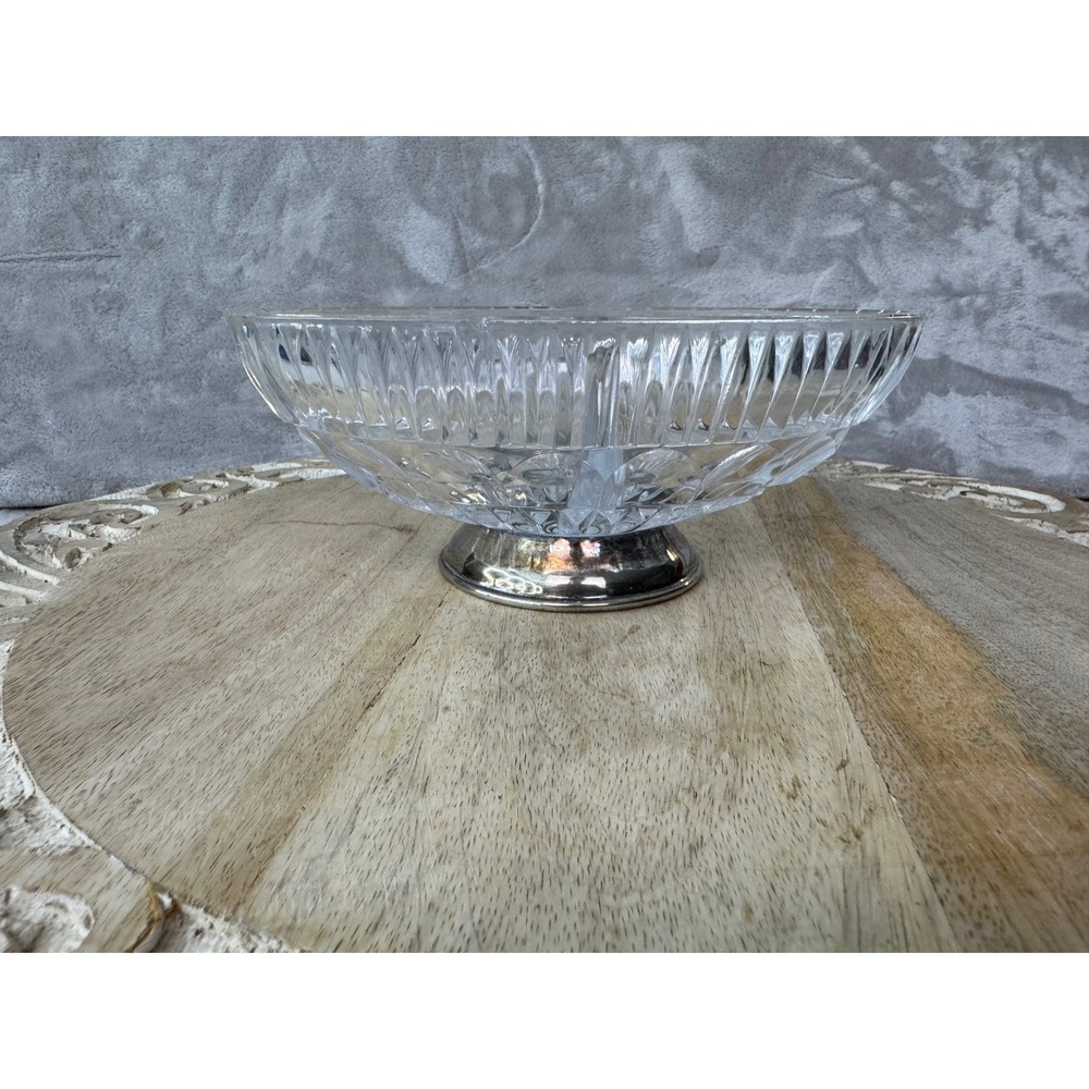 Vintage Crystal Divided Candy Dish Silver Pedestal Base Oval Cut Glass Bowl 8in‎